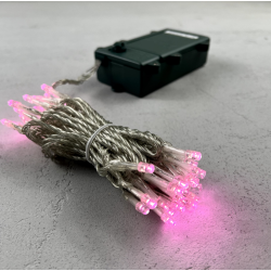 Гирлянда Нить на Батарейках с Таймером 5м Светло-Розовая, 50 LED, Провод Прозрачный Силикон, IP65,ES