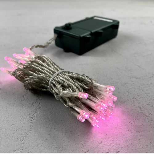 Гирлянда Нить на Батарейках с Таймером 5м Светло-Розовая, 50 LED, Провод Прозрачный Силикон, IP65,ES