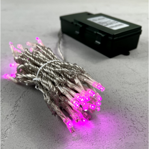 Гирлянда Нить на Батарейках с Таймером 5м Розовая, 50 LED Провод Прозрачный Силикон, IP65,EST50-4W10