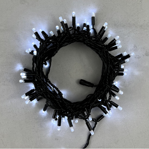 Гирлянда Нить с Колпачком 10м Белая 220В, 100 LED, Провод Черный ПВХ, IP65,PST100CAP-11-2W