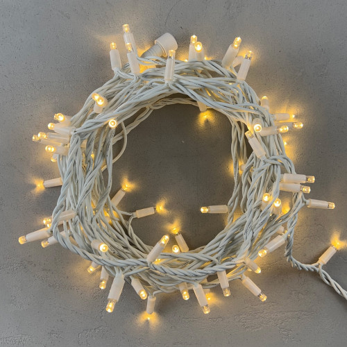Гирлянда Нить 10м Тепло-Белая 24В, 100 LED, Провод Белый Каучук, IP65