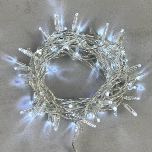 Гирлянда Нить с Колпачком 10м Белая с Мерцанием Белого Диода 24В, 100 LED, Прозрачный ПВХ, IP65