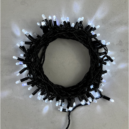 Гирлянда Нить с Колпачком 10м Белая с Мерцанием Белого Диода 24В, 100 LED, Провод Черный ПВХ, IP65,