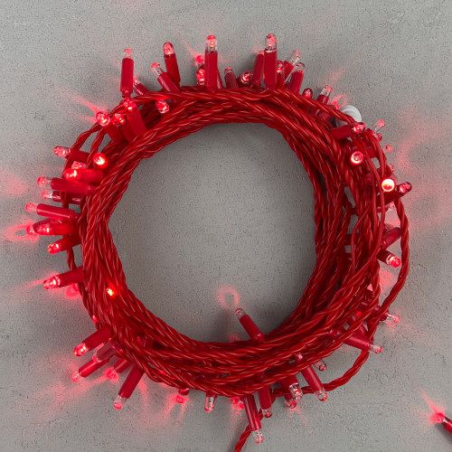 Гирлянда Нить с Колпачком 10м Красная 220В, 100 LED, Провод Красный ПВХ, IP65