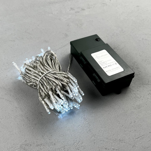 Гирлянда Нить на Батарейках с Таймером 10м Белая, 100 LED, Провод Прозрачный Силикон, IP65