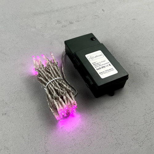 Гирлянда Нить на Батарейках с Таймером 5м Розовая, 50 LED, Провод Прозрачный Силикон, IP65