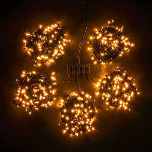 Комплект 5 Желтых Нитей по 20м, 1000 LED, Провод Черный ПВХ, IP54