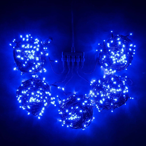 Комплект 5 Синих Нитей по 20м с Мерцанием Белого Диода, 1000 LED, Провод Черный ПВХ, IP54
