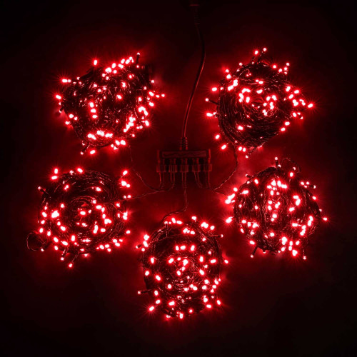 Комплект 5 Красных Нитей по 20м с Мерцанием Белого Диода, 1000 LED, Провод Черный ПВХ, IP54