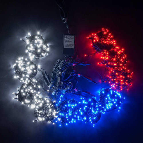 Комплект 10 Бело-Сине-Красных Нитей по 10м, 1000 LED, Провод Черный Каучук 2,3мм, IP65