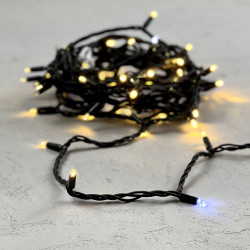 Гирлянда Нить 10м Тепло-Белая с Мерцанием Белого Диода 24В, 75 LED, Провод Черный Каучук, IP65