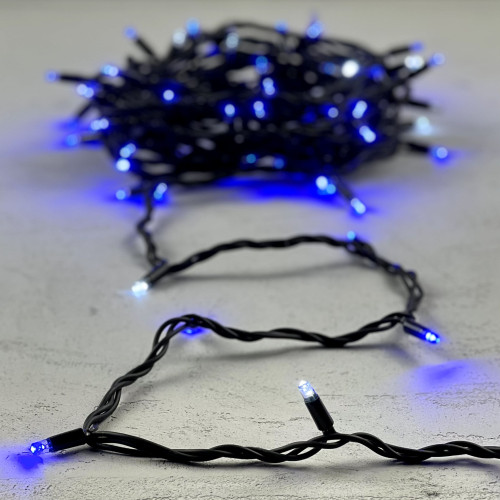 Гирлянда Нить 10м Синяя с Мерцанием Белого Диода 220В, 75 LED, Провод Черный Каучук, IP65
