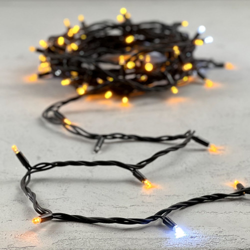 Гирлянда Нить 10м Желтая с Мерцанием Белого Диода 220В, 75 LED, Провод Черный Каучук, IP65