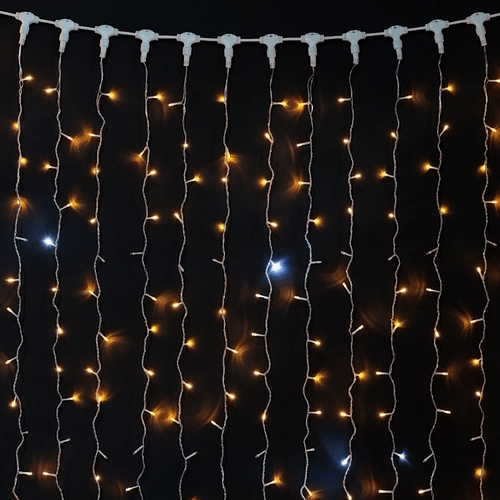 Гирлянда Занавес 2 x 2 м Желтый с Мерцанием Белого Диода 220В, 400 LED, Провод Прозрачный ПВХ, IP54