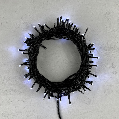 Гирлянда Нить 10м Белая с Мерцанием Каждого Диода 24В, 100 LED, Провод Черный ПВХ, IP54