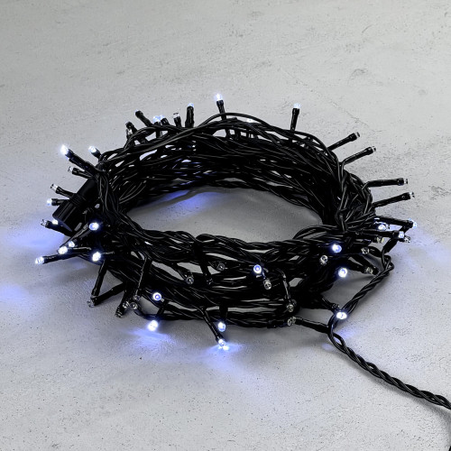 Гирлянда Нить 10м Белая с Мерцанием Каждого Диода 24В, 100 LED, Провод Черный ПВХ, IP54