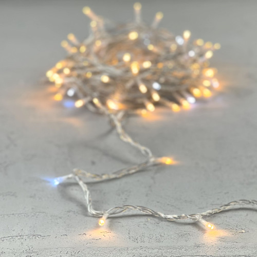 Гирлянда Нить 10м Экстра Тепло-Белая с Мерцанием Белого Диода 24В, 100 LED, Провод Прозрачный ПВХ, IP54