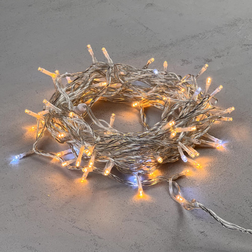 Гирлянда Нить 10м Экстра Тепло-Белая с Мерцанием Белого Диода 24В, 100 LED, Провод Прозрачный ПВХ, IP54