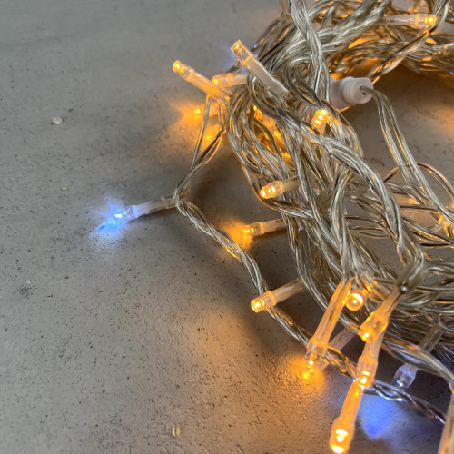 Гирлянда Нить 10м Экстра Тепло-Белая с Мерцанием Белого Диода 24В, 100 LED, Провод Прозрачный ПВХ, IP54