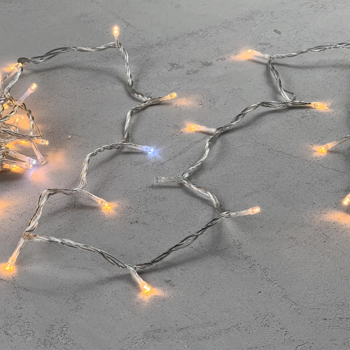 Гирлянда Нить 10м Экстра Тепло-Белая с Мерцанием Белого Диода 24В, 100 LED, Провод Прозрачный ПВХ, IP54
