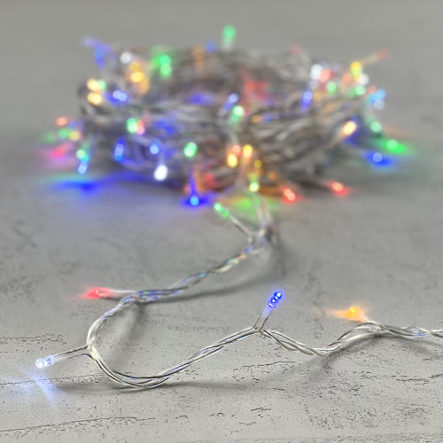 Гирлянда Нить 10м Разноцветная с Мерцанием Белого Диода 24В, 100 LED, Провод Прозрачный ПВХ, IP54