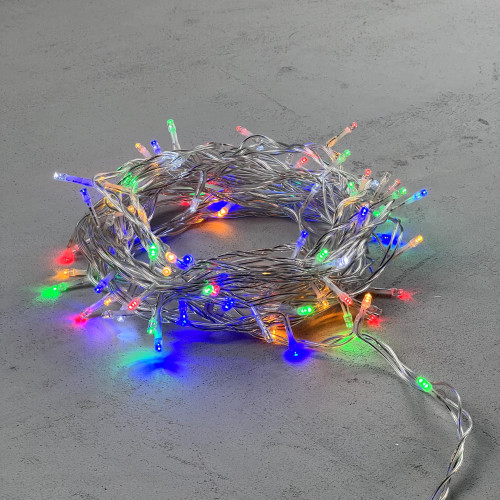 Гирлянда Нить 10м Разноцветная с Мерцанием Белого Диода 24В, 100 LED, Провод Прозрачный ПВХ, IP54