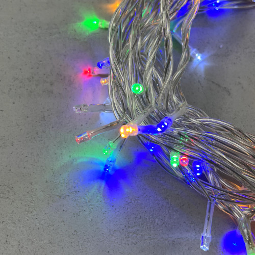 Гирлянда Нить 10м Разноцветная с Мерцанием Белого Диода 24В, 100 LED, Провод Прозрачный ПВХ, IP54