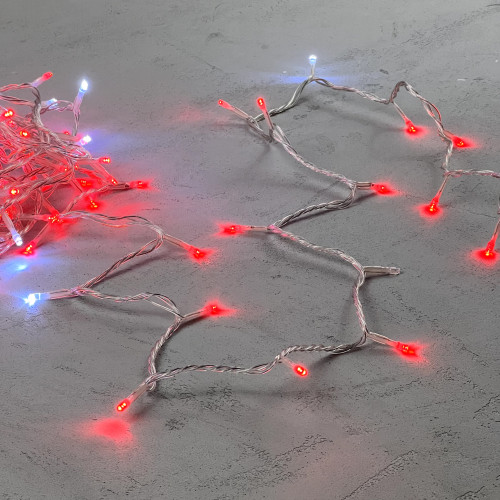 Гирлянда Нить 10м Красная с Мерцанием Белого Диода 24В, 100 LED, Провод Прозрачный ПВХ, IP54