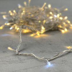 Гирлянда Нить 10м Тепло-Белая с Мерцанием Белого Диода 24В, 100 LED, Провод Прозрачный ПВХ, IP54