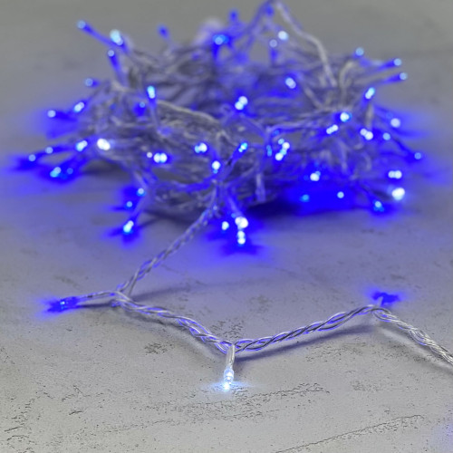 Гирлянда Нить 10м Синяя с Мерцанием Белого Диода 220В, 100 LED, Провод Прозрачный ПВХ, IP54