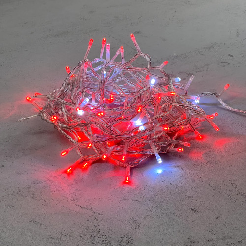 Гирлянда Нить 10м Красная с Мерцанием Белого Диода 220В, 100 LED, Провод Прозрачный ПВХ, IP54