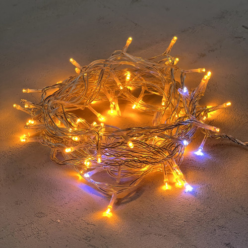 Гирлянда Нить 10м Желтая с Мерцанием Белого Диода 220В, 100 LED, Провод Прозрачный ПВХ, IP54