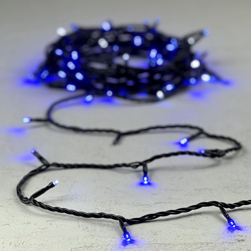 Гирлянда Нить 10м Синяя с Мерцанием Белого Диода 24В, 100 LED, Провод Черный ПВХ, IP54