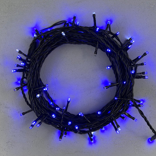 Гирлянда Нить 10м Синяя с Мерцанием Белого Диода 24В, 100 LED, Провод Черный ПВХ, IP54
