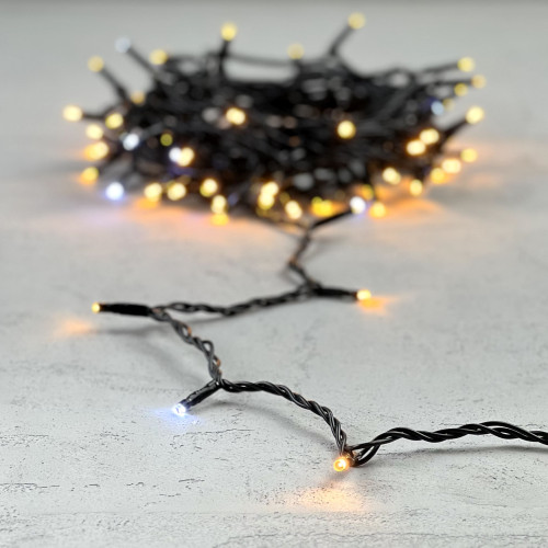 Гирлянда Нить 10м Экстра Тепло-Белая с Мерцанием Белого Диода 24В, 100 LED, Провод Черный ПВХ, IP54