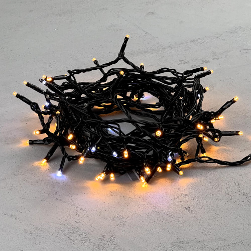 Гирлянда Нить 10м Экстра Тепло-Белая с Мерцанием Белого Диода 24В, 100 LED, Провод Черный ПВХ, IP54