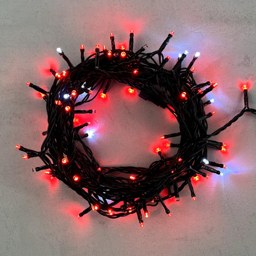 Гирлянда Нить 10м Красная с Мерцанием Белого Диода 24В, 100 LED, Провод Черный ПВХ, IP54