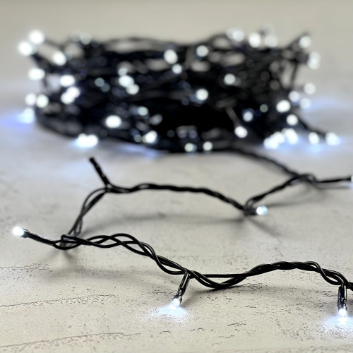 Гирлянда Нить 10м Белая с Мерцанием Белого Диода 24В, 100 LED, Провод Черный ПВХ, IP54