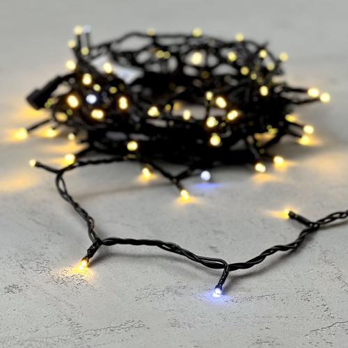 Гирлянда Нить 10м Тепло-Белая с Мерцанием Белого Диода 24В, 100 LED, Провод Черный ПВХ, IP54