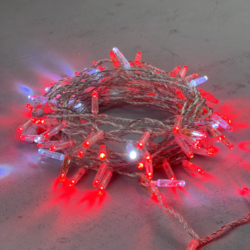 Гирлянда Нить с Колпачком 10м Красная с Мерцанием Белого Диода 24В, 100 LED, Провод Прозрачный ПВХ, IP65