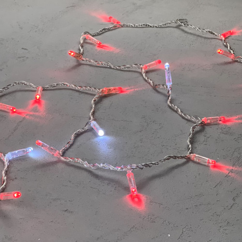 Гирлянда Нить с Колпачком 10м Красная с Мерцанием Белого Диода 24В, 100 LED, Провод Прозрачный ПВХ, IP65