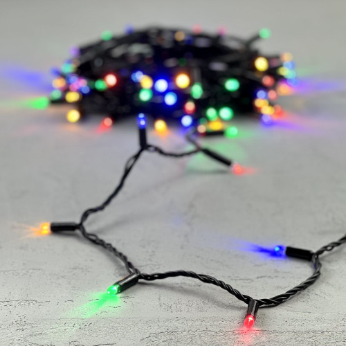 Гирлянда Нить с Колпачком 10м Разноцветная 220В, 100 LED, Провод Черный ПВХ, IP65