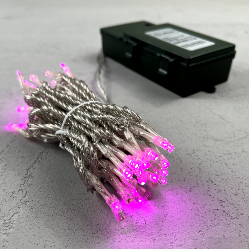 Гирлянда Нить на Батарейках с Таймером 5м Розовая, 50 LED, Провод Прозрачный Силикон, IP65