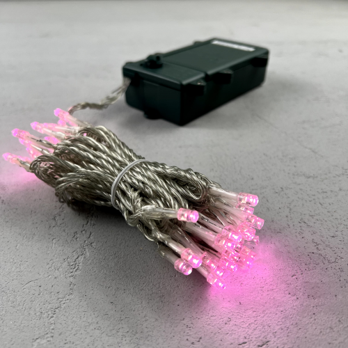 Гирлянда Нить на Батарейках с Таймером 5м Светло-Розовая, 50 LED, Провод Прозрачный Силикон, IP65