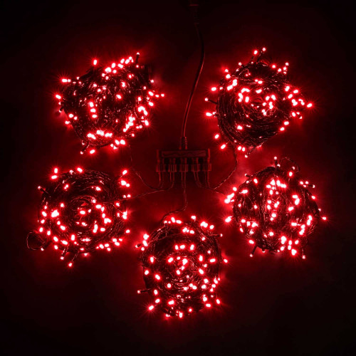 Комплект 5 Красных Нитей по 20м, 1000 LED, Провод Черный ПВХ, IP54