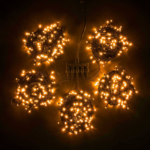 Комплект 5 Желтых Нитей по 20м, 1000 LED, Провод Черный ПВХ, IP54
