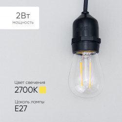 Лампа Филаментная H60 мм 220В, Цоколь E27, 2 Вт, Тепло-белая, 2700К