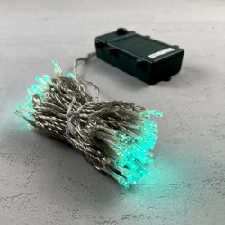 Гирлянда Нить на Батарейках с Таймером 10м Аква, 100 LED, Провод Прозрачный Силикон, IP65
