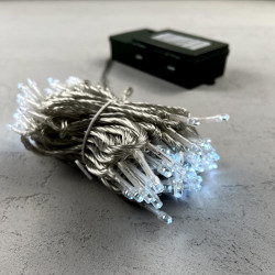 Гирлянда Нить на Батарейках с Таймером 10м Белая, 100 LED, Провод Прозрачный Силикон, IP65