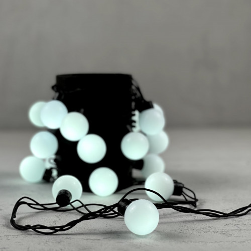 Гирлянда «Шарики» 5м Тепло-Белая 220В, Диаметр Шарика 40мм, 20 LED, Провод Черный Каучук, IP65